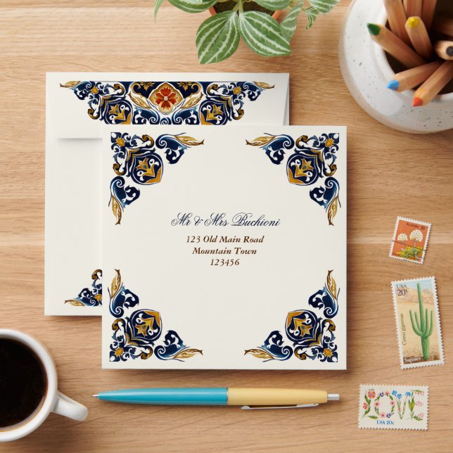 Vintage Talavera Azulejo blue tiles addressed Envelope (Desk)