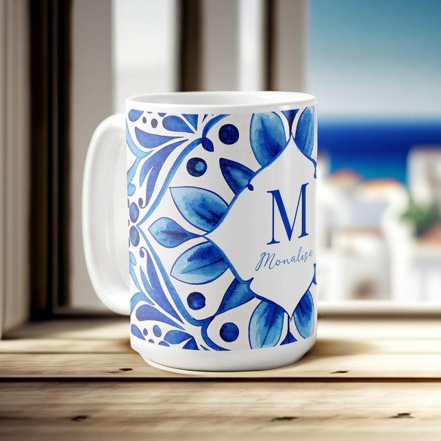 Vintage Talavera Azulejo blue tiles monogrammed Coffee Mug (Vintage Talavera Azulejo blue tiles monogrammed Coffee Mug personalized Bridesmaids Gifts)