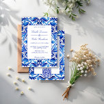 Vintage Talavera Azulejo blue tiles wedding Invitation<br><div class="desc">Vintage Talavera Azulejo Mediterranean blue and white tiles all in one wedding invitation editable template instant digital download,  all in one wedding invitation cards with wedding details and QR rsvp at the back</div>