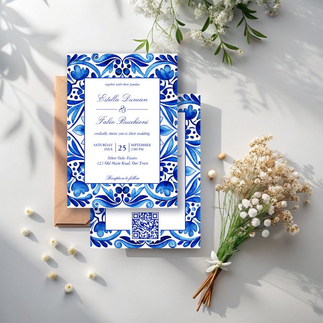 Vintage Talavera Azulejo blue tiles wedding Invitation (Vintage Talavera Azulejo blue tiles Mexican wedding Invitations with RSVP editable template )