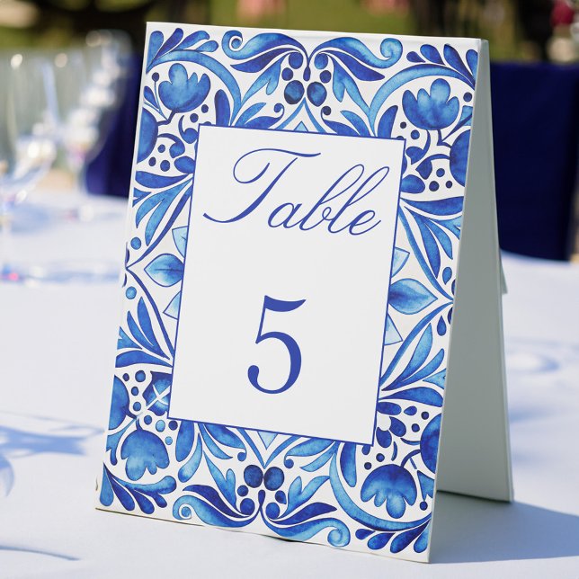 Vintage Talavera Azulejo blue tiles wedding number (Vintage Talavera Azulejo blue tiles wedding numbers Table Tent Sign Mexican Spanish wedding folk art)