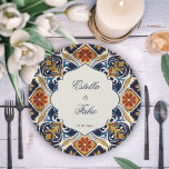 Vintage Talavera Azulejo blue tiles wedding Paper Plate<br><div class="desc">Vintage Talavera Azulejo Mediterranean blue brown tiles wedding monogram printed paper plates personalised wedding reception decor</div>