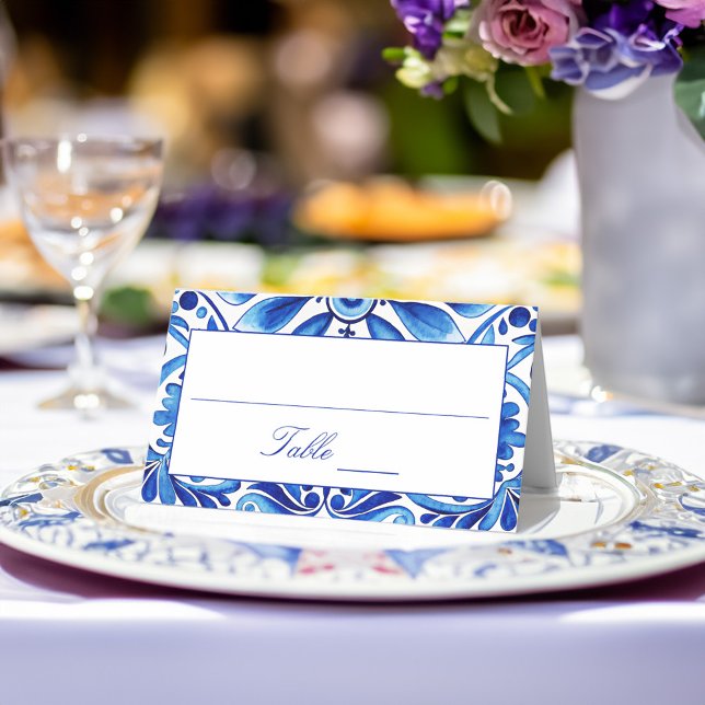Vintage Talavera Azulejo blue tiles wedding Place Card (Vintage Talavera Azulejo blue tiles wedding reception Place Card Balkan folk art elegant place cards)