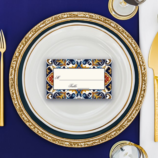 Vintage Talavera Azulejo blue tiles wedding Place Card (Vintage Talavera Azulejo blue tiles Mexican Spanish wedding Place Cards personalized reception decor)