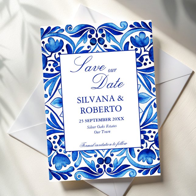 Vintage Talavera Azulejo blue tiles wedding Save The Date (Vintage Talavera Azulejo blue tiles Mexican Spanish wedding Save The Date cards template )