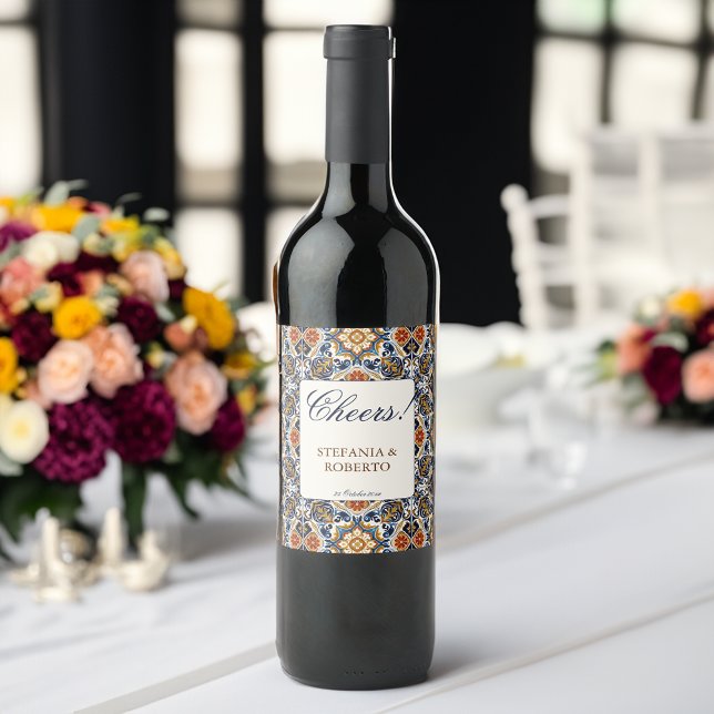 Vintage Talavera Azulejo blue tiles wedding Wine Label (Vintage Talavera Azulejo blue tiles wedding favors personalized monogrammed Wine Label table decor)