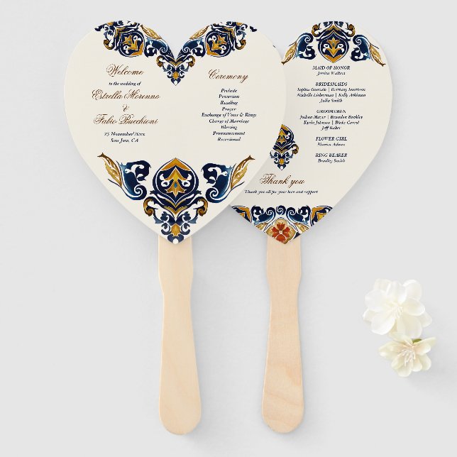 Vintage Talavera Azulejo Mexican wedding program Hand Fan (Front and Back)