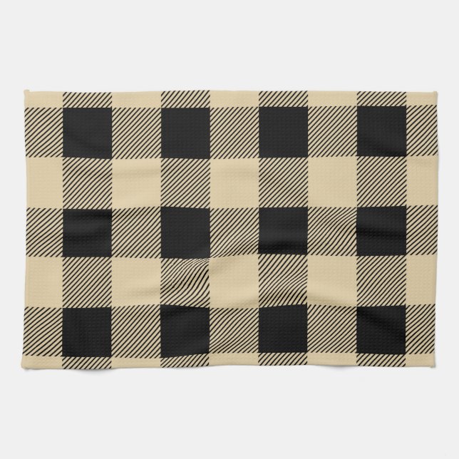 Vintage Tan and Black Buffalo Plaid Tea Towel (Horizontal)