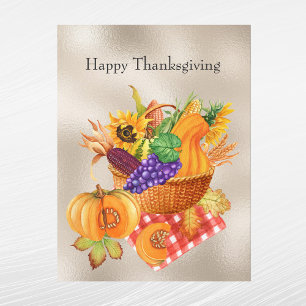 Vintage Tan Basket Vegetables Floral Thanksgiving Holiday Postcard