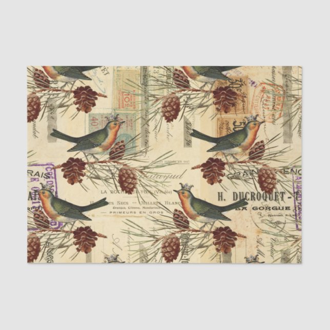 Vintage Tan Birds Pine Cones Christmas Tissue Paper (Front)