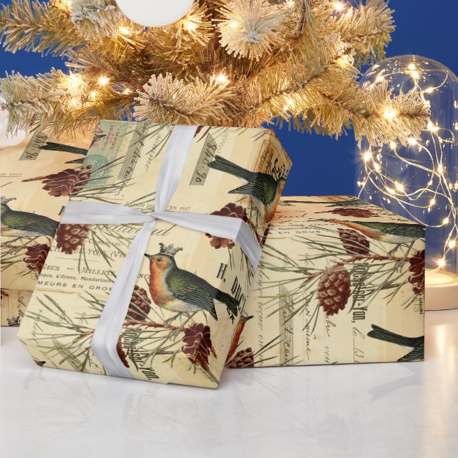 Vintage Tan Birds Pine Cones Christmas Wrapping Paper (Holidays)