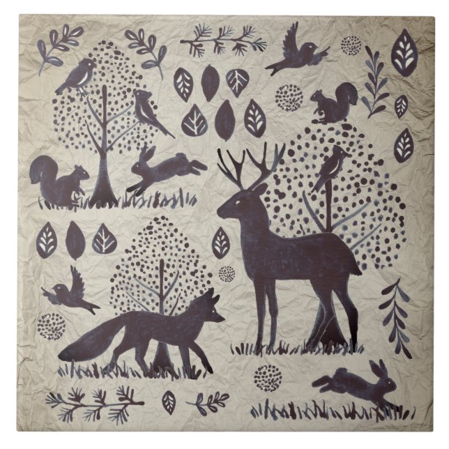 Vintage Tan Grey Woodland Animal Fox Rabbit Tile (Front)