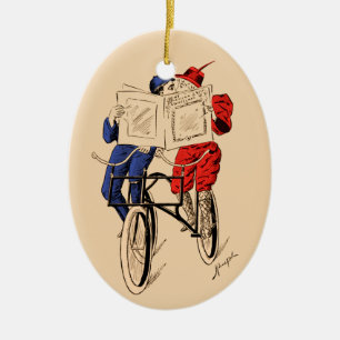 Vintage Tandem Bicycle Couple Reading Kissing Ceramic Tree Decoration
