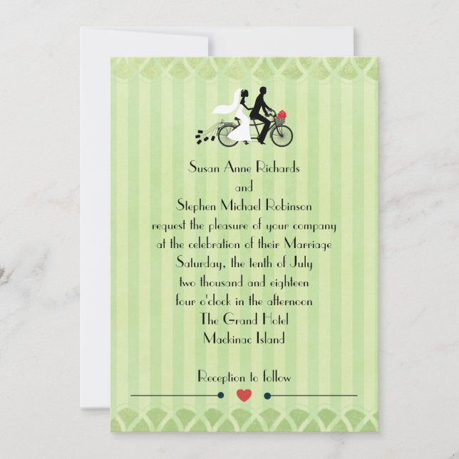 Vintage Tandem Bicycle Green Stripe and Lace Invitation (Front)