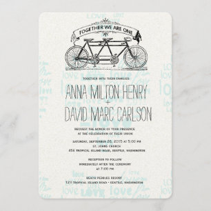 Vintage Tandem Bicycle Hearts Typography Wedding Invitation