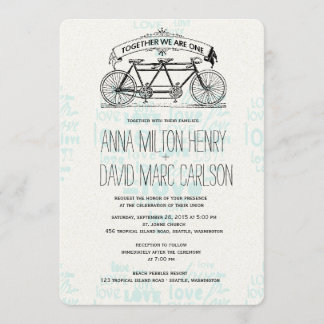 Vintage Tandem Bicycle Hearts Typography Wedding Invitation