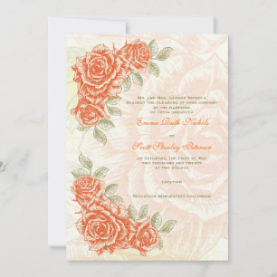Vintage tangerine orange roses wedding invitation