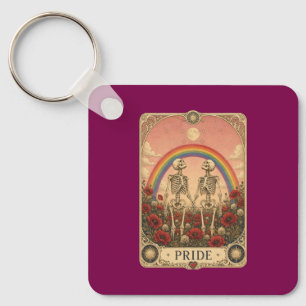 Vintage Tarot Card Pride Skeleton Lovers Rainbow Key Ring