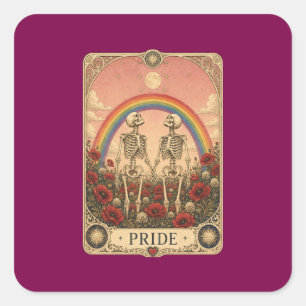 Vintage Tarot Card Pride Skeleton Lovers Rainbow Square Sticker