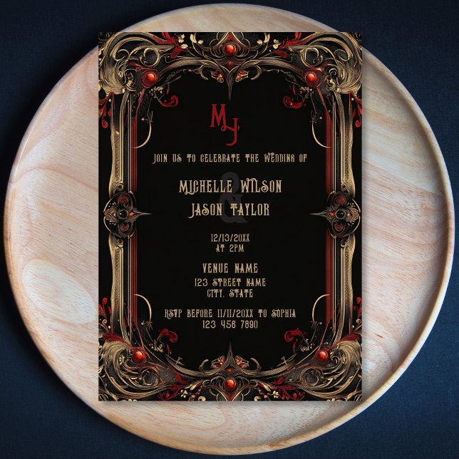 Vintage Tarot Gothic Black and Gold Monogram  Invitation (Creator Uploaded)