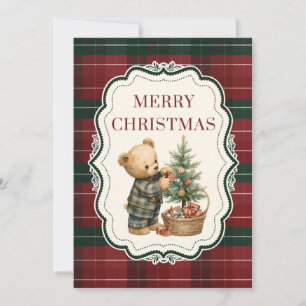 Vintage, Tartan Christmas Card with Teddy Bear