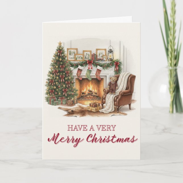 Vintage, Tartan Christmas Card with Teddy Bear (Front)