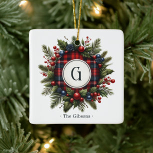 Vintage Tartan Monogram Photo Holiday Ceramic Ornament