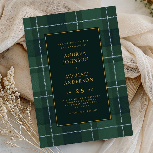 Vintage Tartan Polo Plaid Dark Green Wedding Invitation (Creator Uploaded)