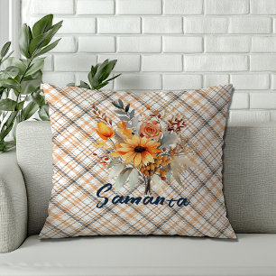 Vintage tartan watercolor wildflower orange name cushion