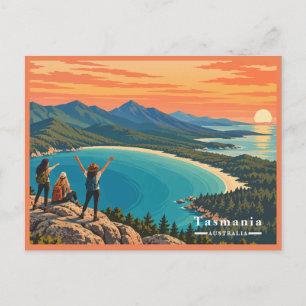 Vintage Tasmania Girls Hiking Sunset Holiday Postcard