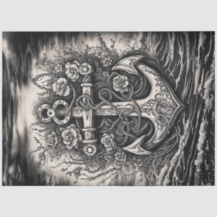 Vintage Tattoo Anchor - Black and White Decoupage  Tissue Paper