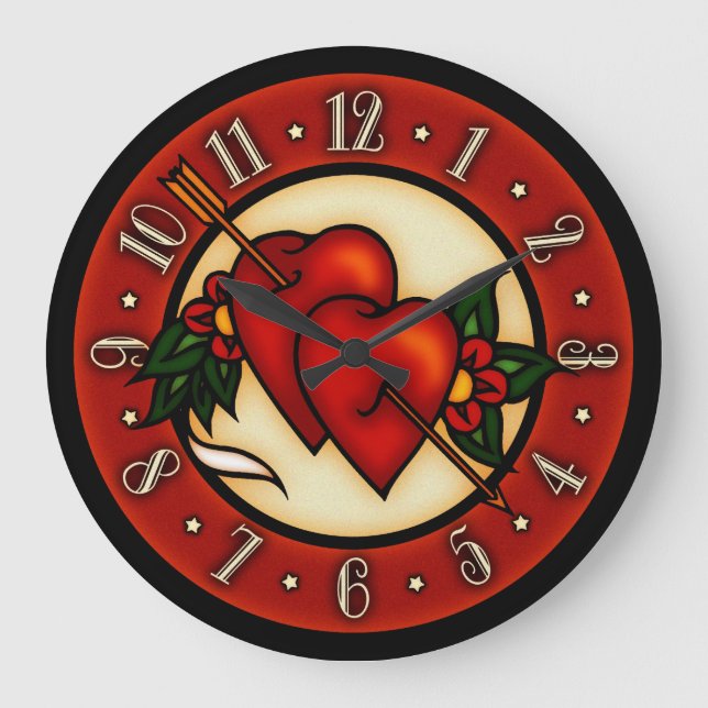 Vintage Tattoo Art Hearts Large Clock (Front)