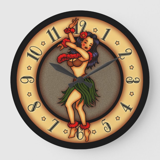Vintage Tattoo Art Hula Dancer Large Clock (Front)