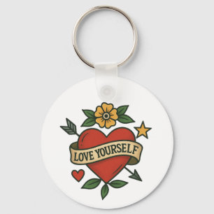 Vintage Tattoo Heart PNG Love Yourself Design Key Ring