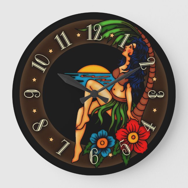 Vintage Tattoo Island Sunset Large Clock (Front)