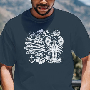 Vintage Tattoo Ocean Black and White Nautical T-Shirt