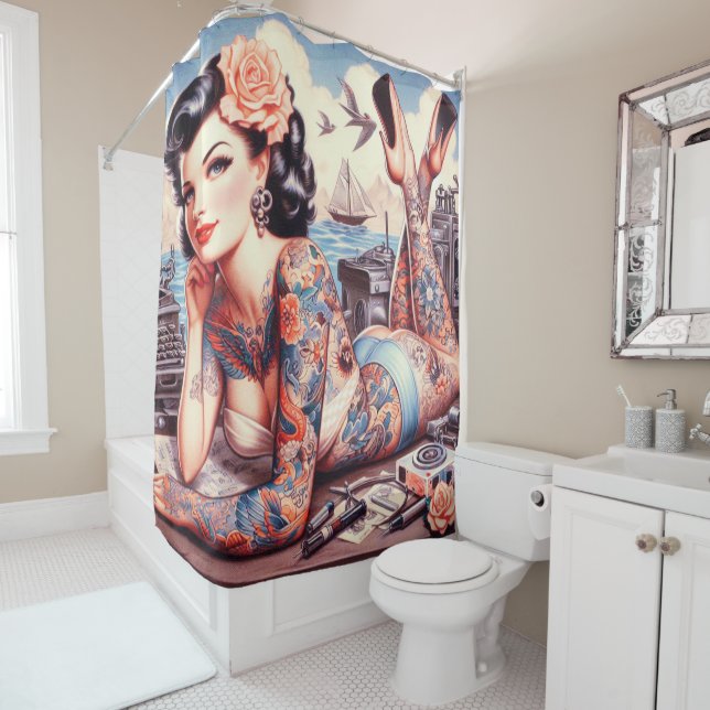 Vintage Tattoo Old School Girl Shower Curtain (In Situ)