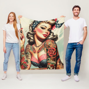 Vintage Tattoo Old School Pin-up Fleece Blanket