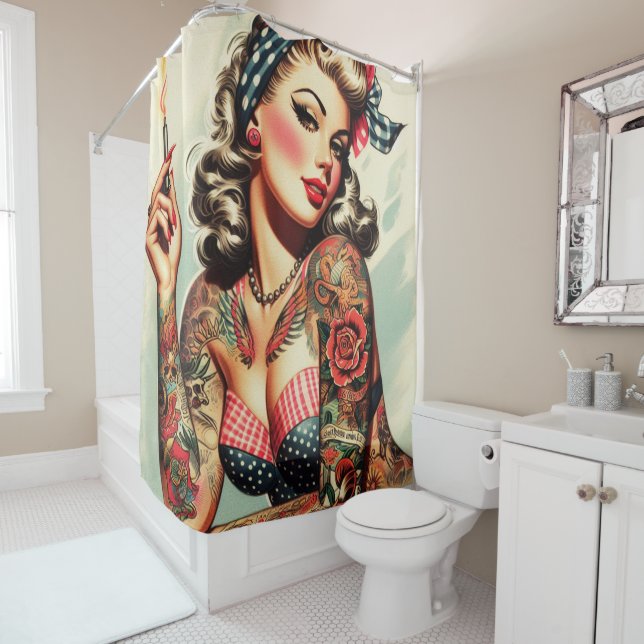 Vintage Tattoo Old School Pin-up Shower Curtain (In Situ)