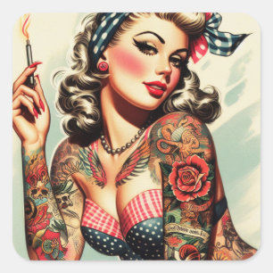 Vintage Tattoo Old School Pin-up Square Sticker