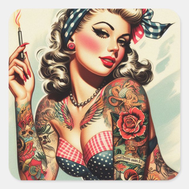 Vintage Tattoo Old School Pin-up Square Sticker (Front)