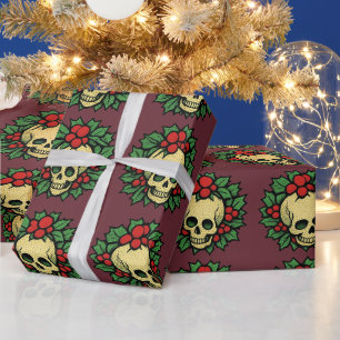 Vintage Tattoo Skull Holly Gothic Christmas Wrapping Paper