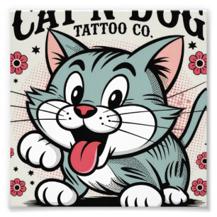 Vintage Tattoo-Style Cat Illustration Photo Print