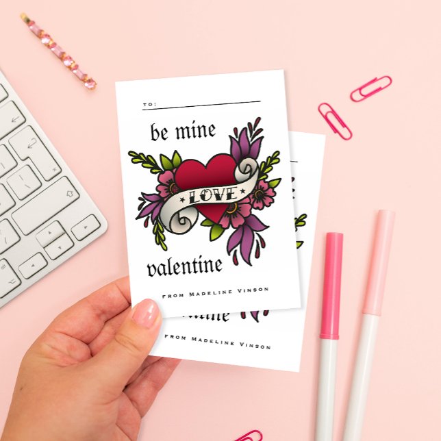 Vintage Tattoo Style Classroom Valentines Card (Trad tattoo style heart that reads Be Mine Valentine in gothic blackletter style fonts)