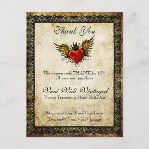 Vintage Tattoo Winged Heart Thank You Coupon Card