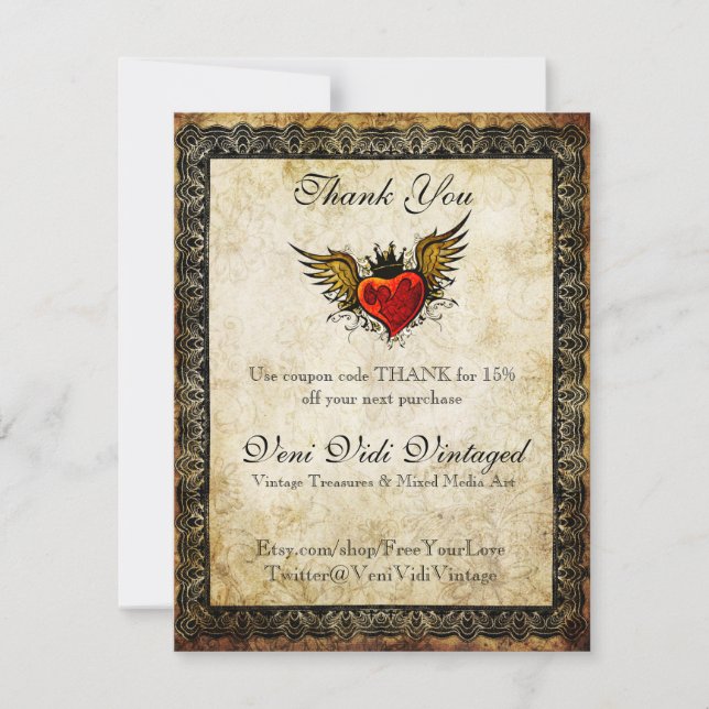 Vintage Tattoo Winged Heart Thank You Coupon Card (Front)