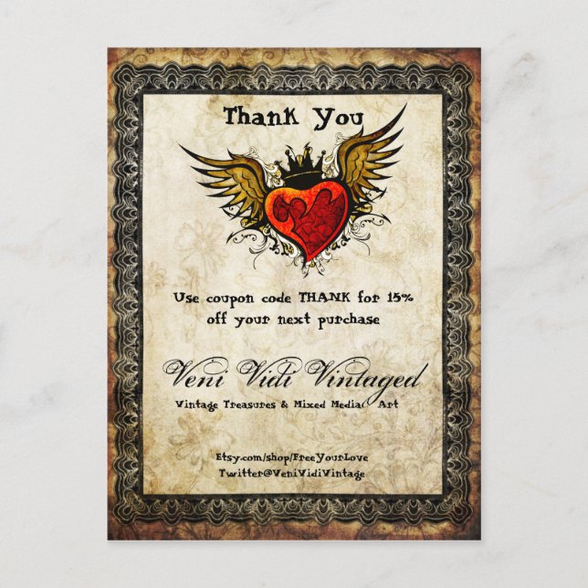 Vintage Tattoo Winged Heart Thank You Coupon Postcard (Front)