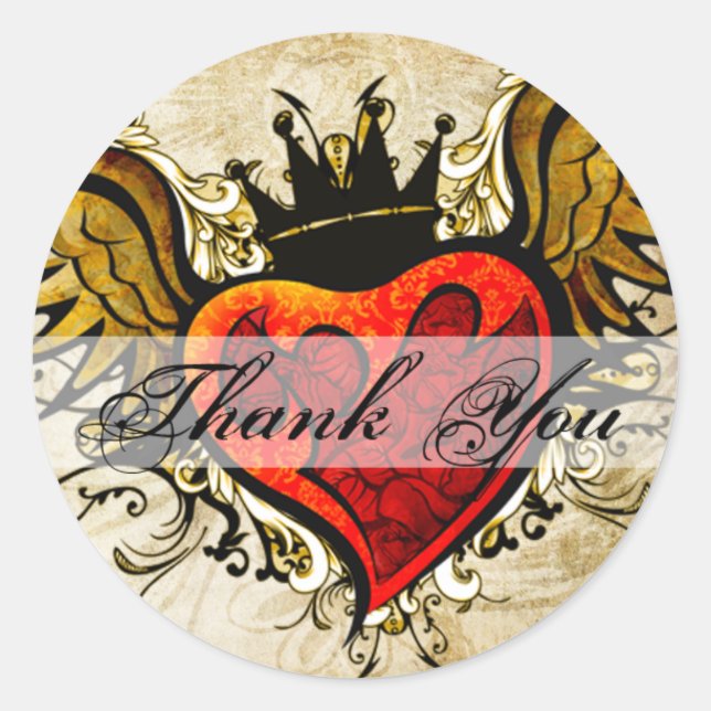 Vintage Tattoo Winged Heart Thank You Sticker (Front)