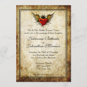 Vintage Tattoo Winged Heart Wedding Invitation