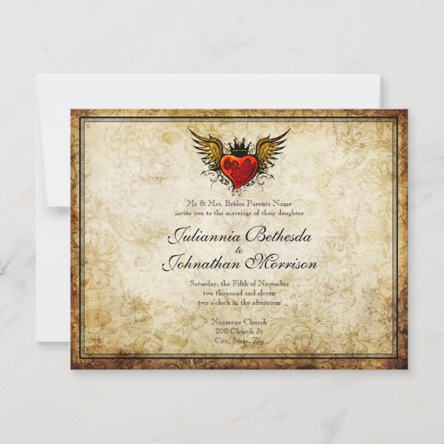 Vintage Tattoo Winged Heart Wedding Invitation (Front)